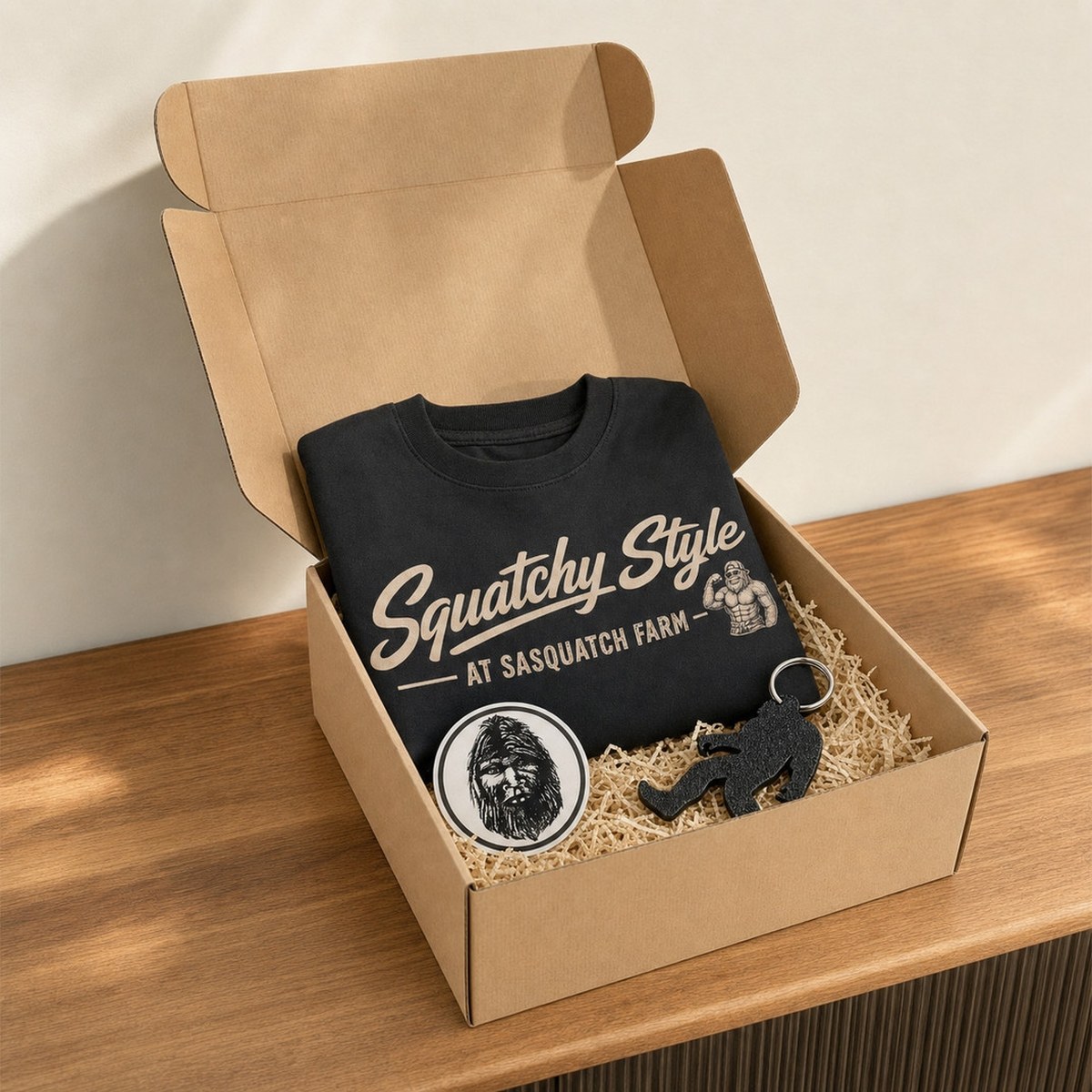The Squatch Box gift box with a folded Squatchy Style tee, sasquatch keychain and sticker