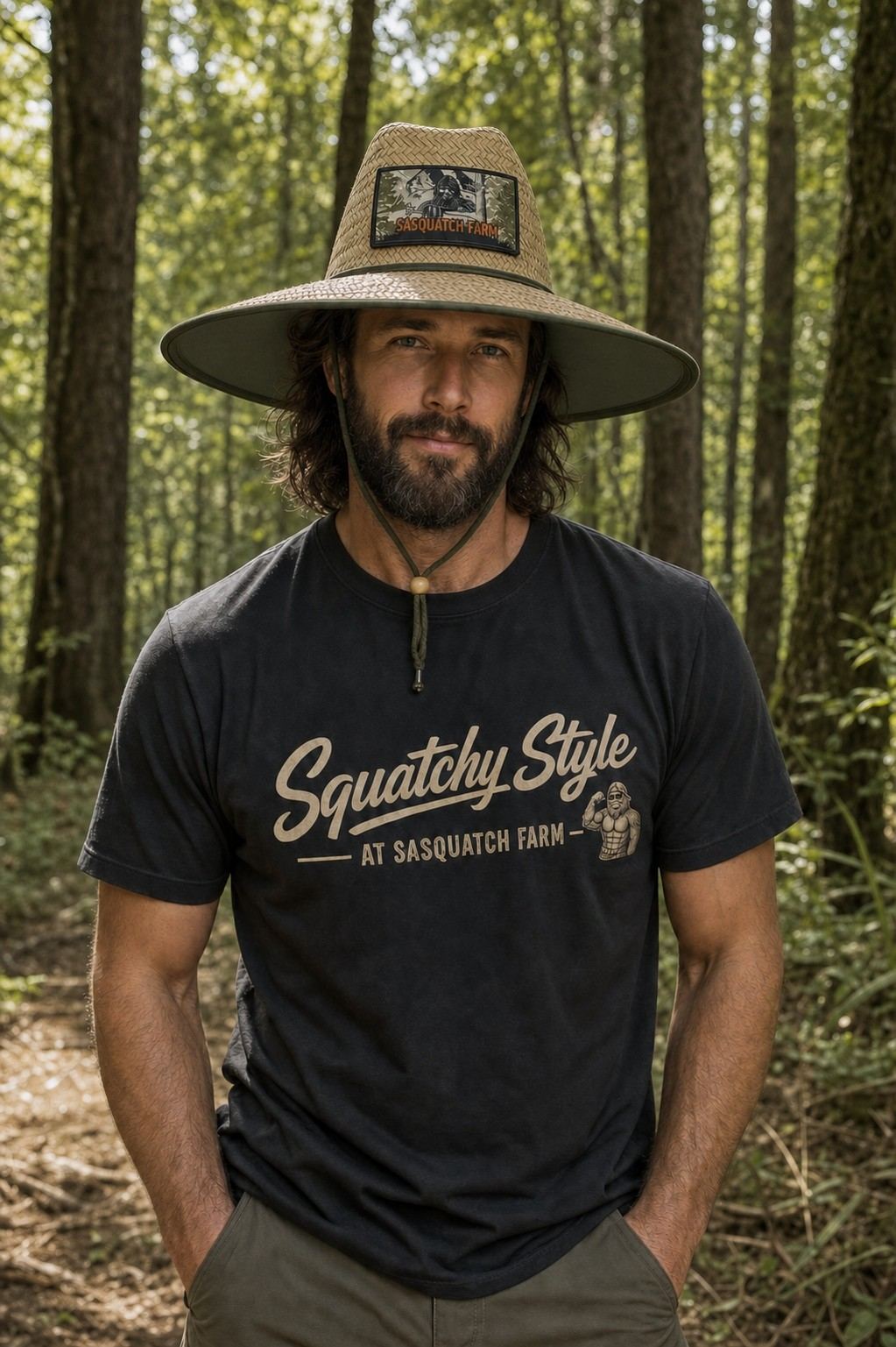 Squatchy Style straw hat resting in the woods at Sasquatch Farm in Tennessee